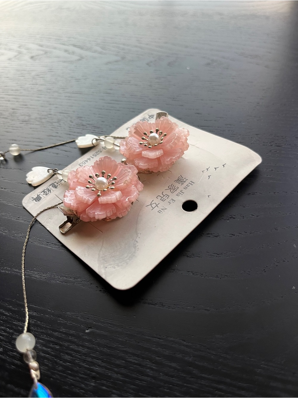 Pink Floral Tassel Hair Clips with Pearl and Teardrop Charms 2pc Set - Picture 4 of 15